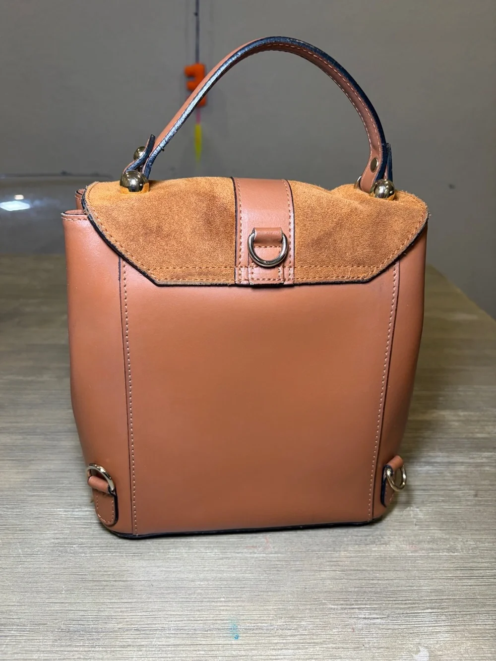 Stylish Tan Leather & Suede Top-Handle Bag